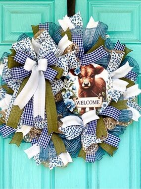 Welcome Cow Blue & White Farmhouse Ribbon Wreath with Olive Accents